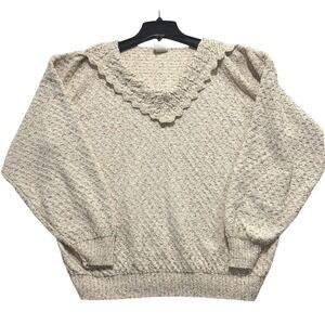 Women Beige Textured Knit V Neck Sweater Sz Large Cottagecore Old Money Fishrmen